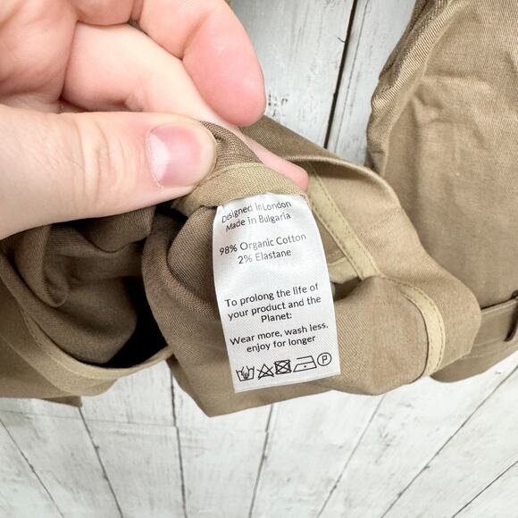New Saint + Sofia Jacket Women Size 8 Beige Safari Trench Organic Cotton Belted - Picture 7 of 8